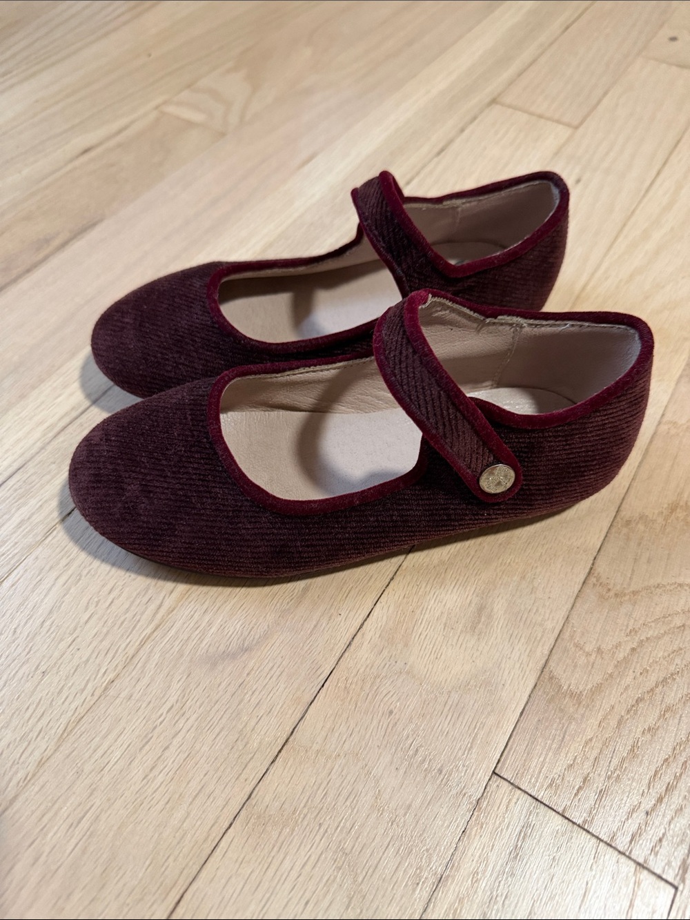 Girls' Burgundy Mary Jane Corduroy Shoes in Burgundy with snap strap